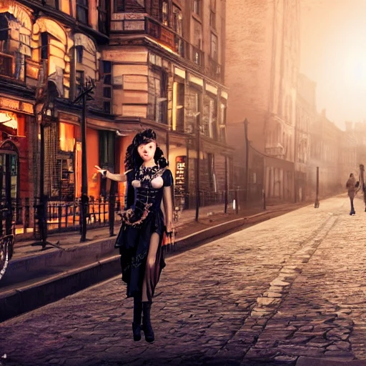 steampunk city street with beautiful young woman, 4k, insanely realistic, sharp, detailed, denoise, professional photography