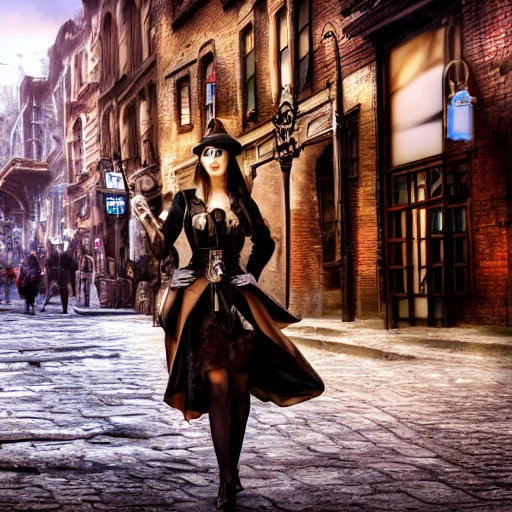 steampunk city street with beautiful young woman, 4k, hyper realism, sharp, detailed, denoise, professional photography