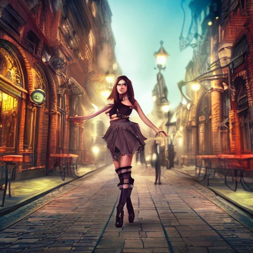 steampunk city street with beautiful young woman, 4k, hyper realism, sharp, detailed, denoise, blurred background, professional photography