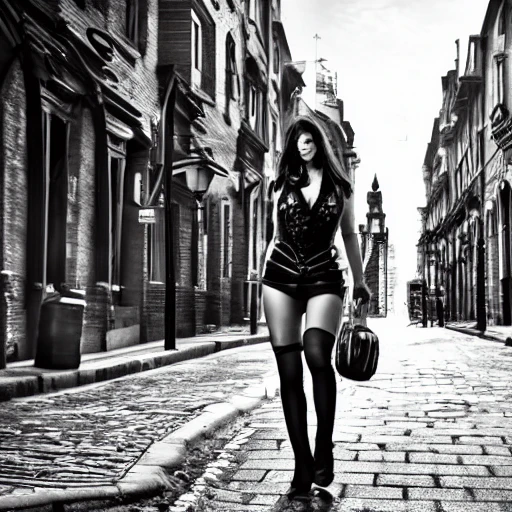 steampunk city street with perfect young woman, 4k, hyper realism, sharp, detailed, denoise, blurred background, professional photography, black & white