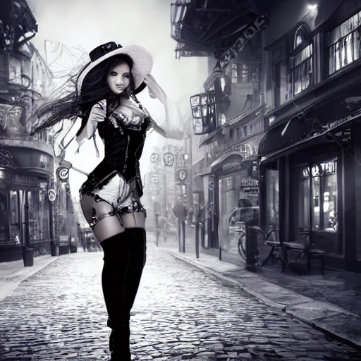 steampunk city street with beautiful young woman with pretty face, 4k, hyper realism, sharp, detailed, denoise, blurred background, professional photography, black & white