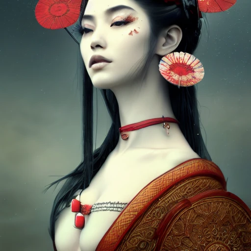 redshift style, a real perfect female body of beautiful Geisha, perfect face, intricate, elegant, highly detailed, trending on artstation, by Tom Bagshaw and Seb McKinnon, 150mm portrait, photography, epic cinematic, octane render , denoise, photograph with a Hasselblad H3DII, extremely detailed, DOF --upbeat --v 4