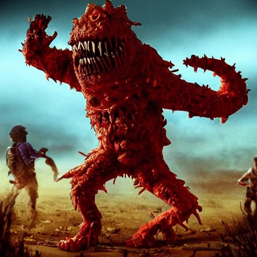 Post apocalypse creepy big candy monster cartoon candy monster gummy monster zephyr monster horror fear realism complex light and ray tracing reflexes, backlighting, dynamic cinematic lighting, global illumination, movie scene, action, 16k, highly detailed, cinematic lighting, Unreal engine, photorealistic, sharp focus, natural and ideal proportions, Hyper Realistic and Detailed, High Exposure, Telephoto, AI Image Enlarger, Deep Image AI, Remini AI Photo Enhancer