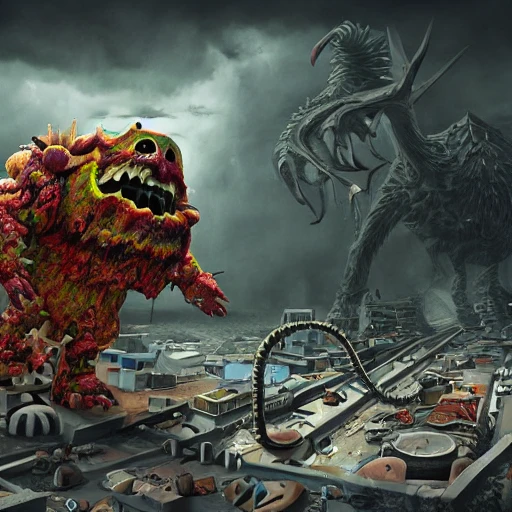 Post apocalypse creepy big candy monster cartoon candy monster gummy monster zephyr monster horror fear realism complex light and ray tracing reflexes, backlighting, dynamic cinematic lighting, global illumination,  action, 16k, highly detailed, cinematic lighting, Unreal engine, photorealistic, sharp focus, natural and ideal proportions, Hyper Realistic and Detailed, High Exposure, Telephoto, AI Image Enlarger, Deep Image AI, Remini AI Photo Enhancer, Trippy