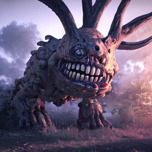 Post apocalypse creepy big candy monster cartoon candy monster gummy monster zephyr monster horror fear realism complex light and ray tracing reflexes, backlighting, dynamic cinematic lighting, global illumination,  action, 16k, highly detailed, cinematic lighting, Unreal engine sharp focus, Hyper Realistic and Detailed, High Exposure, Telephoto, AI Image Enlarger, Deep Image AI, Remini AI Photo Enhancer, Trippy