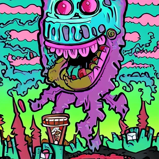 Post apocalypse creepy big candy monster cartoon candy monster gummy monster zephyr monster horror fear 
Trippy