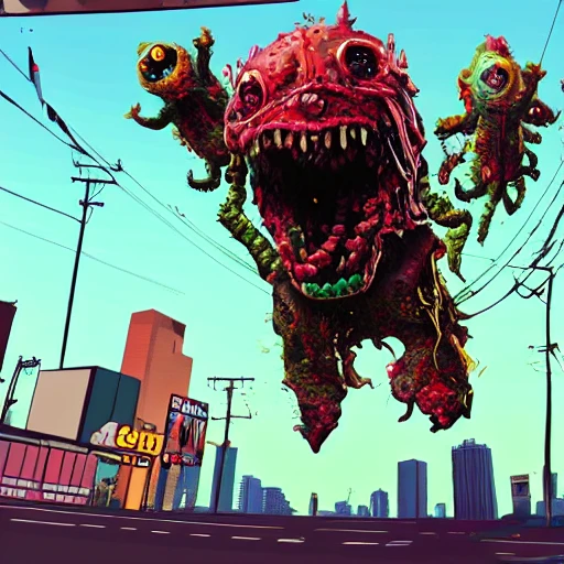 snthwve style:0.05, nvinkpunk:1.8, (GTA 5), Characters committing crimes, Detailed and Intricate,Post apocalypse creepy big candy monsters cartoon walking around the city candy monster gummy monster zephyr monster horror fear realism