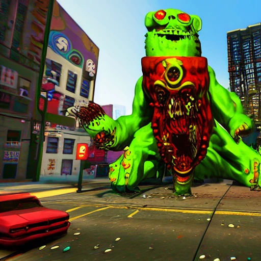 snthwve style:0.05, nvinkpunk:1.8, (GTA 5), Characters committing crimes, Detailed and Intricate,Post apocalypse creepy big candy monsters cartoon walking around the city candy monster gummy monster zephyr monster horror fear realism, Trippy, 3D