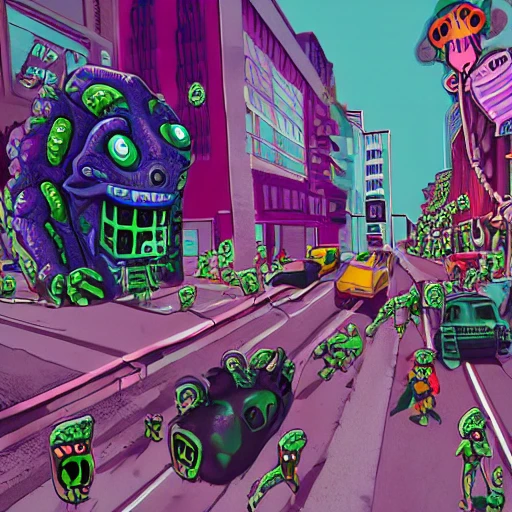 snthwve style:0.05, nvinkpunk:1.8, (GTA 5), Characters committing crimes, Detailed and Intricate,Post apocalypse creepy big candy monsters cartoon walking around the city candy monster gummy monster zephyr monster horror fear realism, Trippy, 3D  dreemworks