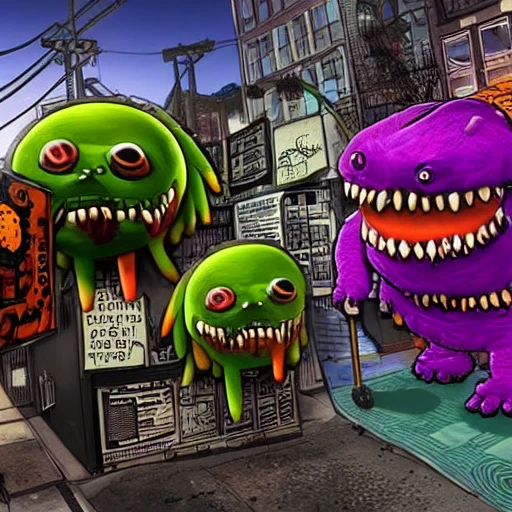 snthwve style:0.05, nvinkpunk:1.8, (GTA 5), Characters committing crimes, Detailed and Intricate,Post apocalypse creepy big candy monsters cartoon walking around the city candy monster gummy monster zephyr monster horror fear realism, Trippy, 3D  dreemworks pixar 