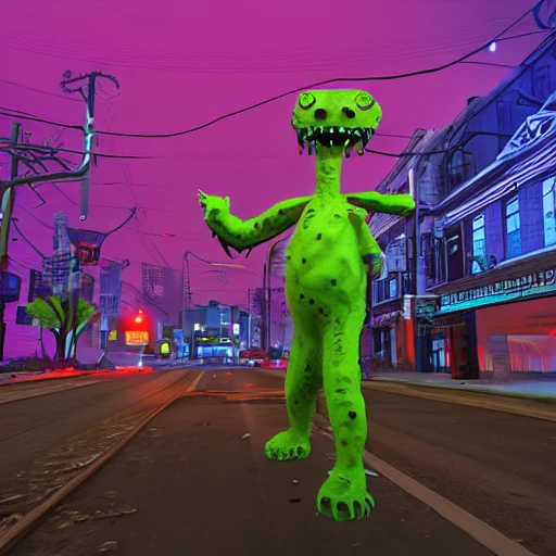 snthwve style:0.05, nvinkpunk:1.8, (GTA 5), Characters committing crimes, Detailed and Intricate,Post apocalypse creepy big candy monsters cartoon walking around the city candy monster gummy monster zephyr monster horror fear realism,  fantasy  landscape at night, with glowing blue lights Trippy, 3D  dreemworks pixar 