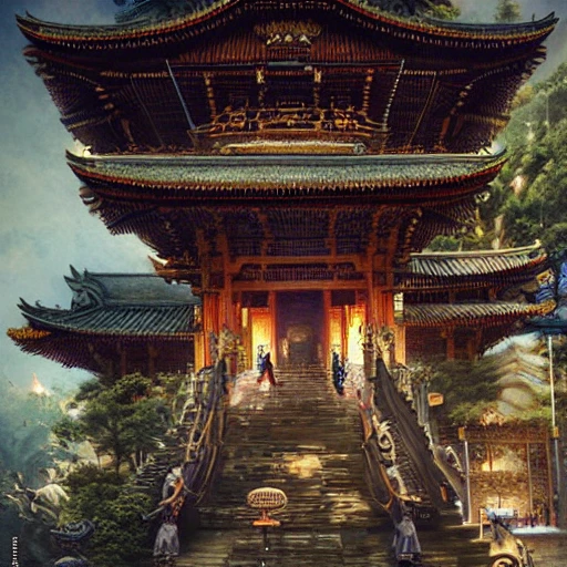 illustration of a ninja running the steps leading to a temple, Detailed and Intricate, asian, very detailed, Beautiful Lighting, colorful, Dynamic Lighting, Intricate Environment, 8k, Portrait. Rule of thirds. by jean-baptiste Monge