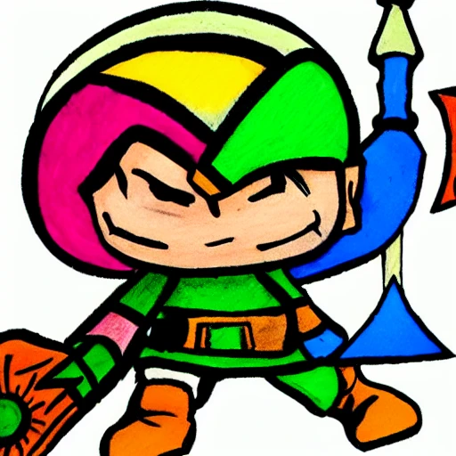 Children drawing, poorly drawn, crayons, colourful, link from legend of Zelda, adventurer, sword, shield