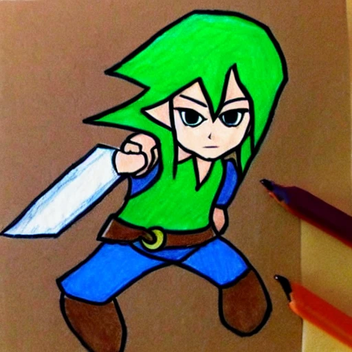 Children drawing, poorly drawn, colourful, link from legend of Zelda, adventurer, sword, shield