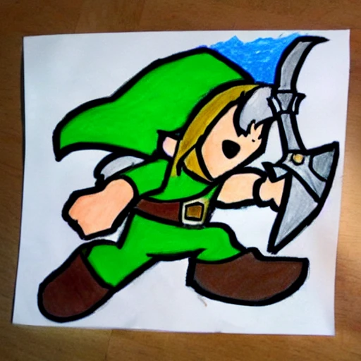 Children drawing, poorly drawn, colourful, link from legend of Zelda, adventurer, sword, shield