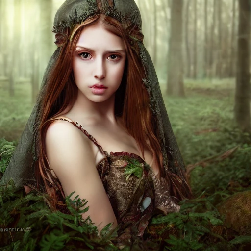 Portrait of beautiful girl, hyperrealistic, photograph, hyper detailed, high octane render, 4K, beautiful woman, human face, detailed eyes, medieval dress, long hair, sprite, elven ears, perfect iris, forest background