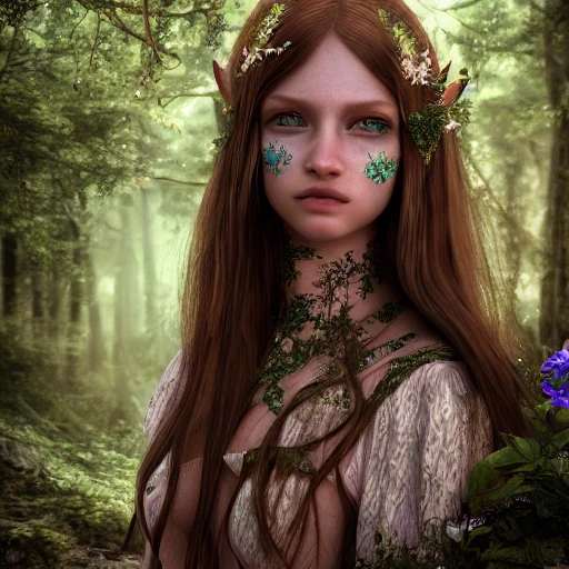 Portrait of beautiful girl, hyperrealistic, photograph, hyper detailed, high octane render + unreal render, 4K, beautiful woman, human face, detailed eyes, medieval dress, long hair, sprite, elven ears, perfect iris, forest background, magic sparkle