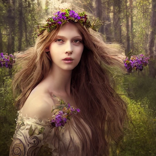 Portrait of beautiful girl, hyperrealistic, photograph, hyper detailed, high octane render + unreal render, 4K, beautiful woman, human face, detailed eyes, medieval dress, long hair, sprite, elven ears, perfect iris, forest background, magic flower crown, 