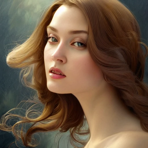 A perfect painting of a sexy lady, perfect small face, gorgeous, highly detailed hair, 3d, trending on artstation, intricate, elegant, highly detailed, digital painting, concept art, smooth, sharp focus, illustration by artgerm and greg rutkowski and alphonse mucha, side, 8k,realistic:1.6,smile