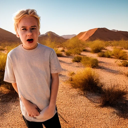 portrait of a boy with golden hair and a golden tongue, background of a desert, beautiful photography, sony A7RII, 85mm, realistic, high detail