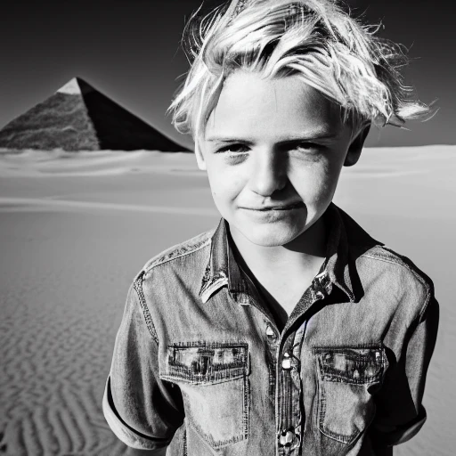 portrait of a boy with golden hair and a golden tongue, background of a desert with pyramids, beautiful photography, sony A7RII, 85mm, realistic, high detail, 8k --ar 9:16 --q 3