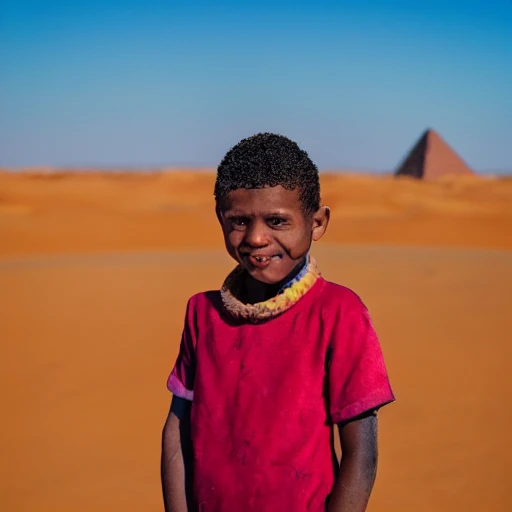 colourful portrait of a boy sticking out his tongue, background of a desert with pyramids, beautiful photography, sony A7RII, 85mm, realistic, high detail, 8k --ar 9:16 --q 3