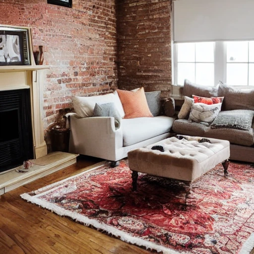 The living room has a comfortable, homey feel with plush cushions on the couch and a soft, warm area rug underfoot. The walls are painted a soft, neutral color and there are several cozy throws and pillows scattered around the room.

The industrial touch comes from the exposed brick wall that takes up one side of the room. The brick has been painted a dark color and has a rough, unfinished texture that adds to the industrial feel. There is a large, metal light fixture hanging from the ceiling, and the coffee table and other furniture pieces are made from metal and wood, giving them a sturdy, industrial look.

