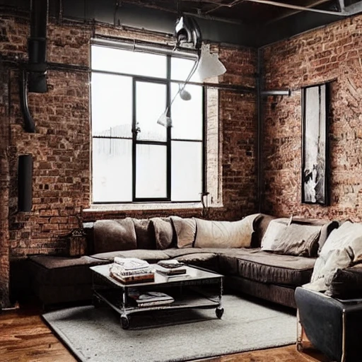 a cozy, warm loft with industrial decor for a living room could have exposed brick or concrete walls, combined with warm wood accents and furniture. The centerpiece of the room could be a wooden stove, surrounded by comfortable, plush seating and warm textiles such as throw blankets and pillows. Industrial elements could include vintage lighting fixtures, metal furniture, and perhaps even a piece of reclaimed machinery or other industrial object used as a unique decorative piece. The overall aesthetic should be warm and inviting, with a mix of rustic and industrial elements.