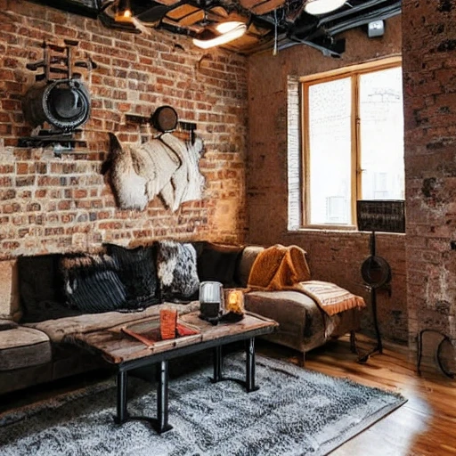 a cozy, warm loft with industrial decor for a living room. exposed brick or concrete walls, combined with warm wood accents and furniture. The centerpiece of the room  is a wooden stove, surrounded by comfortable, plush seating and warm textiles such as throw blankets and pillows. Industrial elements include vintage lighting fixtures, metal furniture,  a piece of reclaimed machinery and other industrial objects used as a unique decorative piece. The overall aesthetic should be warm and inviting, with a mix of rustic and industrial elements.