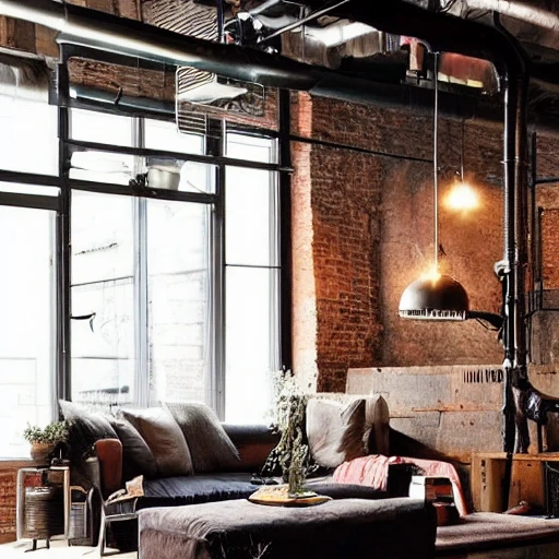 a cozy, warm loft with industrial decor for a living room. exposed brick or concrete walls, combined with warm wood accents and furniture. The centerpiece of the room  is a wooden stove, surrounded by comfortable, plush seating and warm textiles such as throw blankets and pillows. Industrial elements include vintage lighting fixtures, metal furniture,  a piece of reclaimed machinery and other industrial objects used as a unique decorative piece. The overall aesthetic should be warm and inviting, with a mix of rustic and industrial elements.