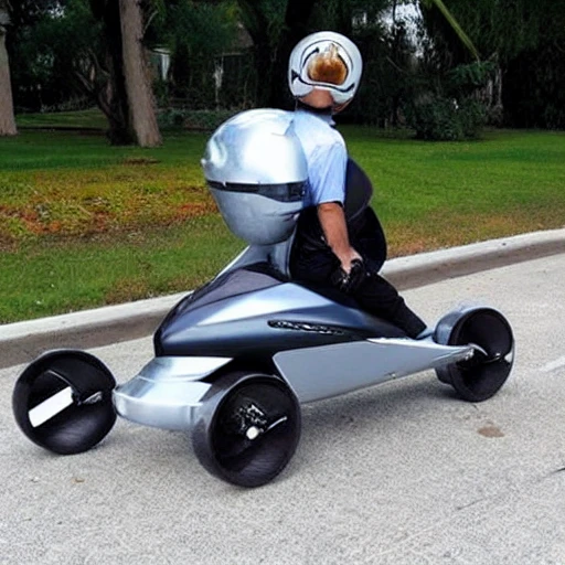 a hoverbike, is a fictional vehicle that combines the capabilities of a motorcycle and a helicopter. It uses one or more engines to lift the vehicle off the ground and propel it through the air, allowing it to hover and move in any direction. The vehicle typically has a streamlined design with a saddle for the rider and handlebars for control. Some models may also have wings or other aerodynamic features to enhance stability and maneuverability.