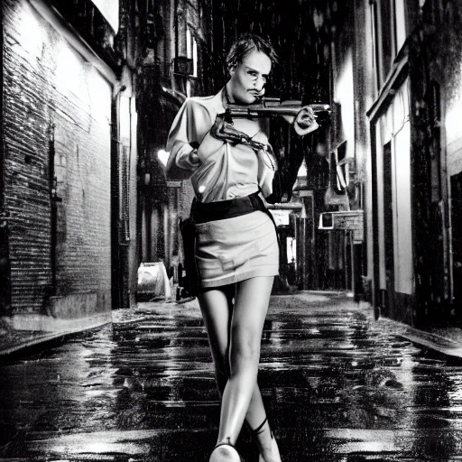 action photograph of a frightened, sexy, slender, fit, woman with short hair, wet hair and skin, full lips, small breasts, wearing sheer blouse and skirt,  detailed hands and breasts, carrying a briefcase and holding a gun, running through a rainy cyberpunk alley, DOF, at night, 85mm, wlop, by rembrandt