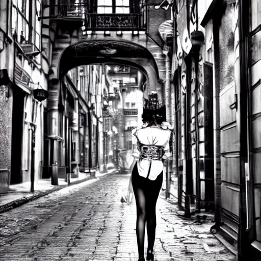 steampunk city street with beautiful young woman with pretty face, 4k, hyper realism, sharp, detailed, denoise, blurred background, professional photography, black & white