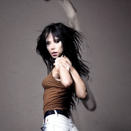 by wlop, dynamic action photograph of a ((frightened)), sexy, slender, fit, woman with green eyes, (((dark brown skin))), short black hair, perfect face, wet hair and skin, full lips, ((small breasts)), barcode tattoo, wearing sheer white blouse and ripped blue jeans, thigh high leather boots, choker, thigh holster, nose piercing, detailed hands and breasts, detailed eyes, carrying a briefcase and ((holding a gun)), (((standing in a rainy cyberpunk alley at night))), DOF, 85mm, cinematic lighting, wlop, by rembrandt, 1girl, arm_tattoo, bangs, back, blurry, high_ponytail