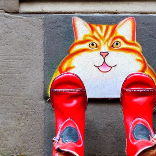 Fat ginger cat wearing red boots, Street Art
