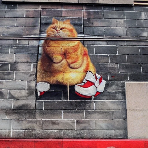 Fat ginger cat wearing red boots, Street Art
