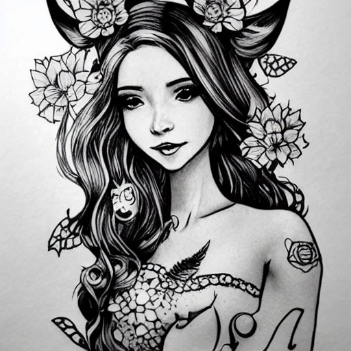 tattoo design, stencil, tattoo stencil, traditional, beautiful portrait of a Belle Delphine with flowers in her hair, upper body, by artgerm, digital art, cat girl, anime eyes, anime, sexy-s 100