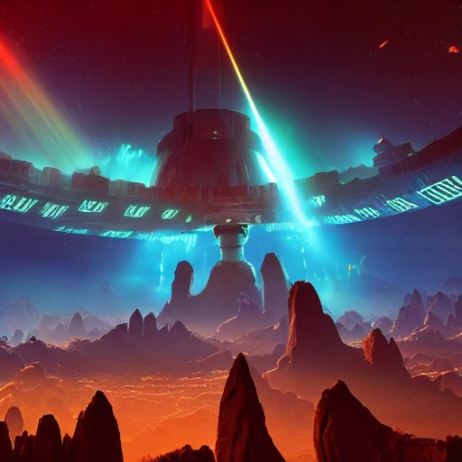 ancient alien portal, crowd of androids, beams of light from sky, matte painting, electric sky, dreamscape, stars, global illumination, the great beyond, trending on artstation, color palette of movie mandy 3000