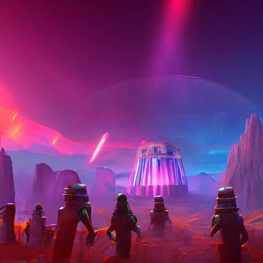 ancient alien portal, crowd of androids, beams of light from sky, matte painting, electric sky, dreamscape, stars, global illumination, the great beyond, trending on artstation, color palette of movie mandy 2023
