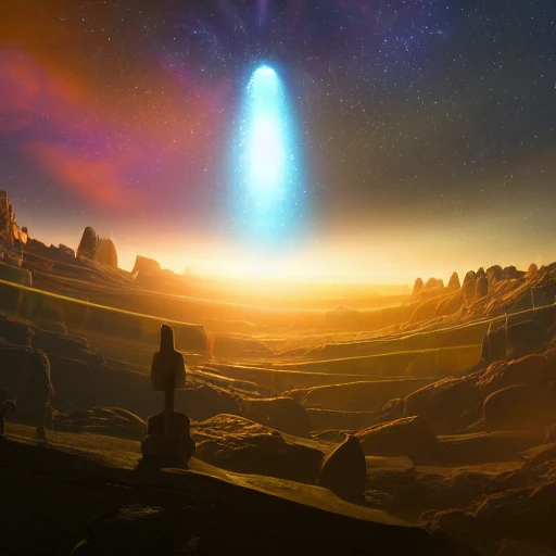 ancient alien portal, crowd of androids, beams of light from sky, matte painting, electric sky, dreamscape, stars, global illumination, the great beyond, trending on artstation, color palette of movie mandy 2023 relaistic
