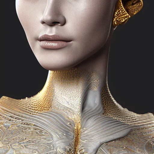 mdjrny-v4 style, symmetric, intricate, centred 3d render ultra detailed of a beautiful porcelain and gold profile portrait woman, 150 mm, beautiful studio soft light, rim light, vibrant details, luxurious antic, hyperrealistic, anatomical, facial muscles, blade runner atmosphere , elegant, octane render, H. R. Giger style, 8k