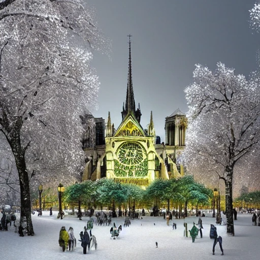 big city with complete Notre-Dame de Paris in winter, snow covered trees in a detailed , green, plants, buildings, art nouveau, concept art, Elaborate, highly detailed, Fantasy, epic winter landscape with a stream, with sparkles, gediminas pranckevicius, intricate complex defined maximalist photorealistic matte painting, bright colors, 8K resolution, polished ethereal divine magical