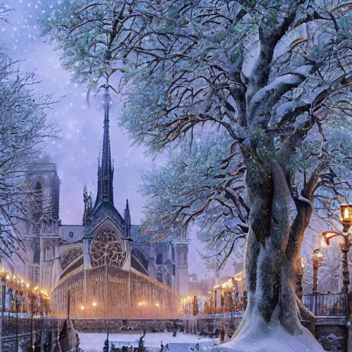 complete Notre-Dame de Paris in winter, snow covered green pines trees in a detailed , lot of plants, buildings, art nouveau, concept art, Elaborate, highly detailed, Fantasy, epic winter landscape with a stream, with sparkle, intricate complex defined maximalist photorealistic matte painting, bright colors, 8K resolution, polished ethereal divine magical