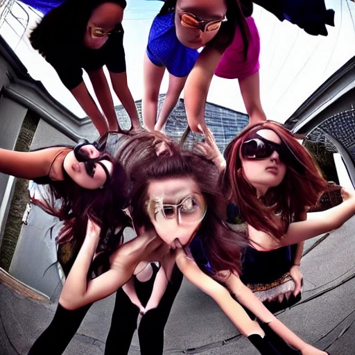 Full-Body Shot, Low-Angle Shot of four girls, mini skirt, heels, extreme low angle', 'fisheye lens', and 'looming, imposing ,--v 4 -, Trippy