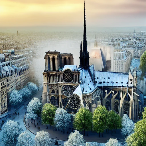 aerial view complete Notre-Dame de Paris in winter,people walking under a snow cover, bigest green pines, trees in a detailed , lot of plants, buildings, art nouveau, concept art, Elaborate, highly detailed, Fantasy, epic winter landscape with a stream, with sparkle, intricate complex defined maximalist photorealistic matte painting, bright colors, 8K resolution, polished ethereal divine magical