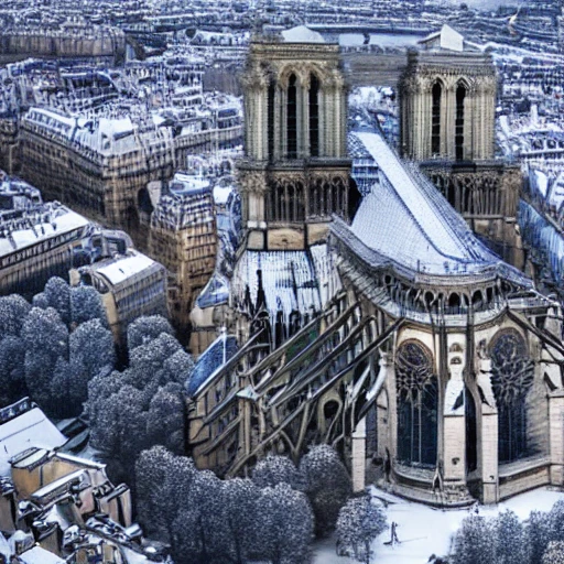 aerial view complete Notre-Dame de Paris in winter,people walking under a snow cover, bigest green pines, trees in a detailed , lot of plants, buildings, art nouveau, concept art, Elaborate, highly detailed, Fantasy, epic winter landscape with a stream, with sparkle, intricate complex defined maximalist photorealistic matte painting, bright colors, 8K resolution, polished ethereal divine magical, Trippy