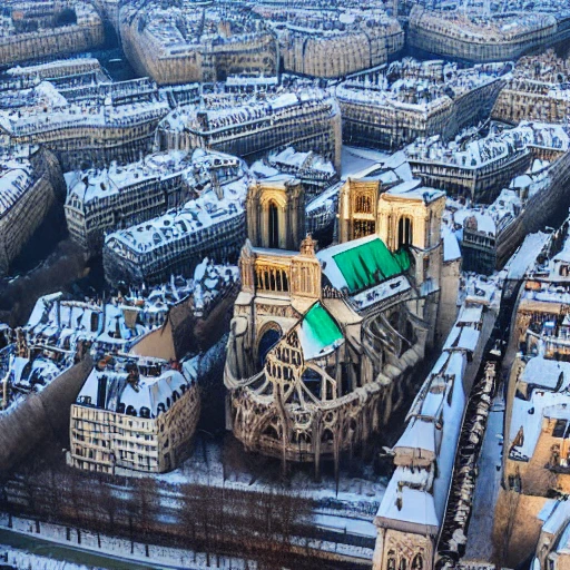 aerial view complete Notre-Dame de Paris in winter,people walking under a snow cover, bigest green pines, trees in a detailed , lot of plants, buildings, art nouveau, concept art, Elaborate, highly detailed, Fantasy, epic winter landscape with a stream, with sparkle, intricate complex defined maximalist photorealistic matte painting, bright colors, 8K resolution, polished ethereal divine magical, 3D