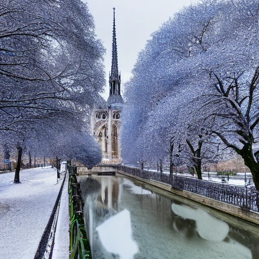 view complete Notre-Dame de Paris in winter,people walking under a snow cover, bigest green pines, trees in a detailed , lot of plants, buildings, art nouveau, concept art, Elaborate, highly detailed, Fantasy, epic winter landscape with a stream, with sparkle, intricate complex defined maximalist photorealistic matte painting, bright colors, 8K resolution, polished ethereal divine magical, Pencil Sketch