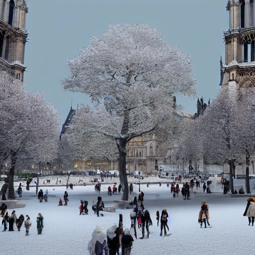 view complete Notre-Dame de Paris in winter,people walking under a snow cover, bigest green pines, trees in a detailed , lot of plants, lot of buildings, art nouveau, concept art, Elaborate, highly detailed, Fantasy, epic winter landscape with a stream, with sparkle, intricate complex defined maximalist photorealistic matte painting, bright colors, 8K resolution, polished ethereal divine magical