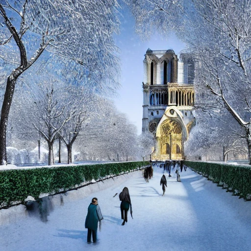 Fantasy, complete Notre-Dame de Paris in winter, people walking under a snow cover, bigest green trees pines detailed , lot of plants, art nouveau, concept art, Elaborate, highly detailed, , epic winter landscape with a stream, with sparkle, intricate complex defined maximalist photorealistic matte painting, bright colors, 8K resolution, polished ethereal divine magical, 3D